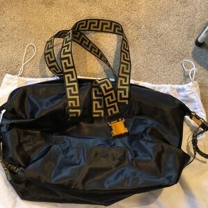 Versace like new black Greca travel bag gold accents nylon magnet close  17x14x7